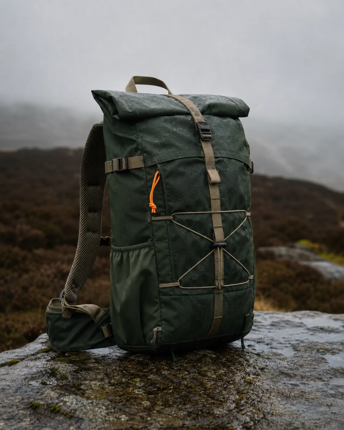 Deep green roll-top day pack resting on wet gritstone