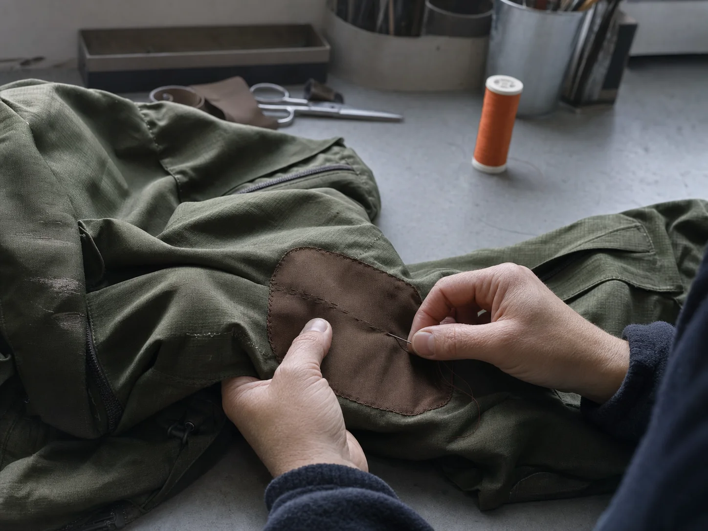 A worn hiking shell being carefully repaired