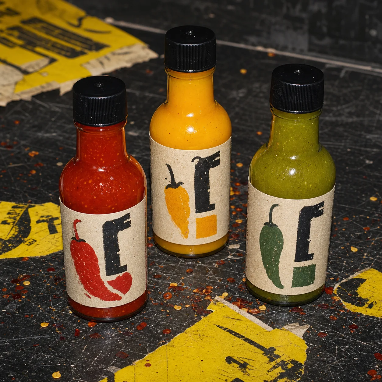 Three red, mango and green hot sauce bottles on a scuffed counter