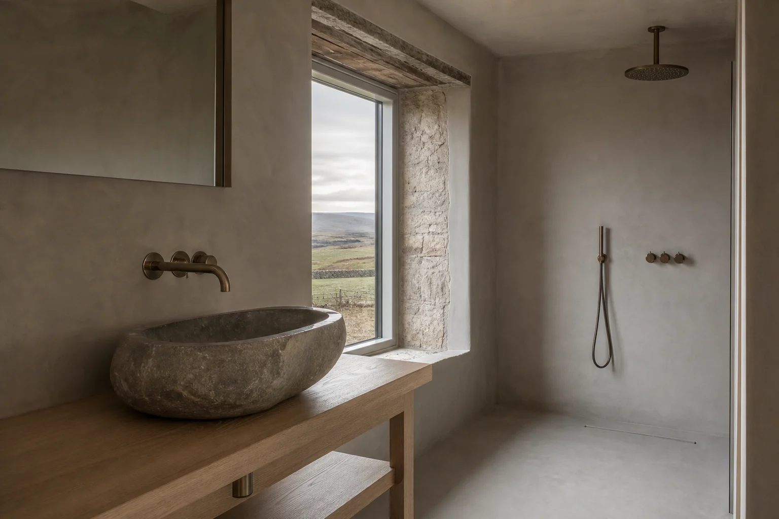 Microcement wet room with a stone basin and moorland view