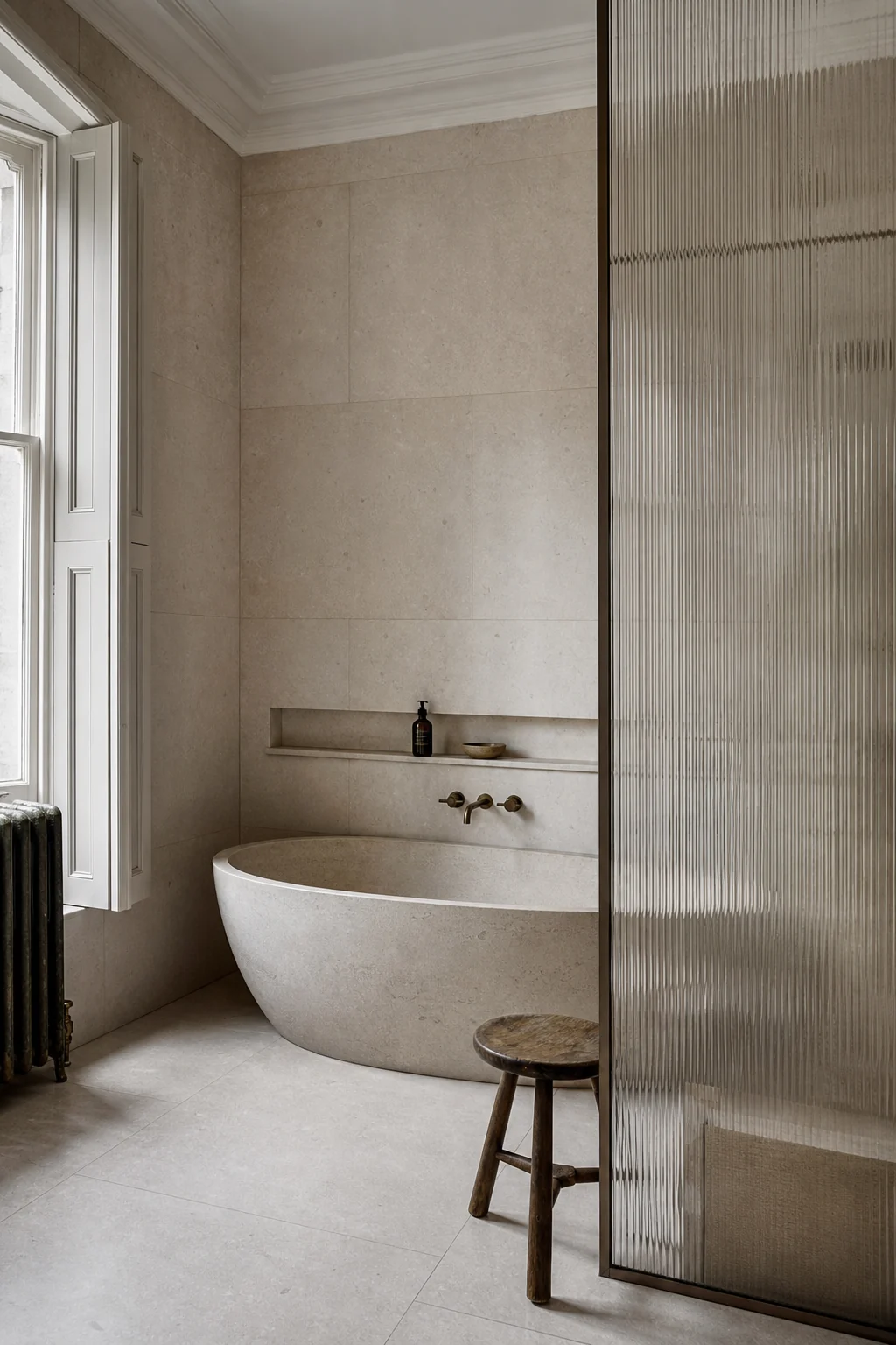 Limestone bathroom with an oval bath and fluted glass screen