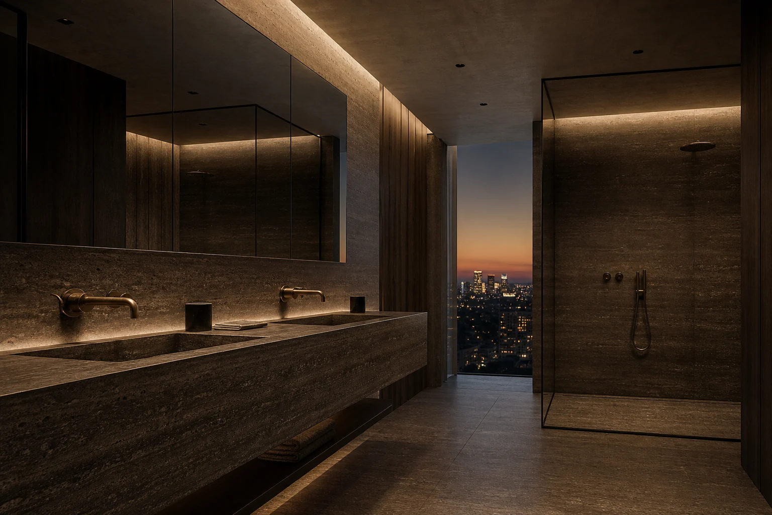 Dark travertine penthouse bathroom overlooking the city at dusk
