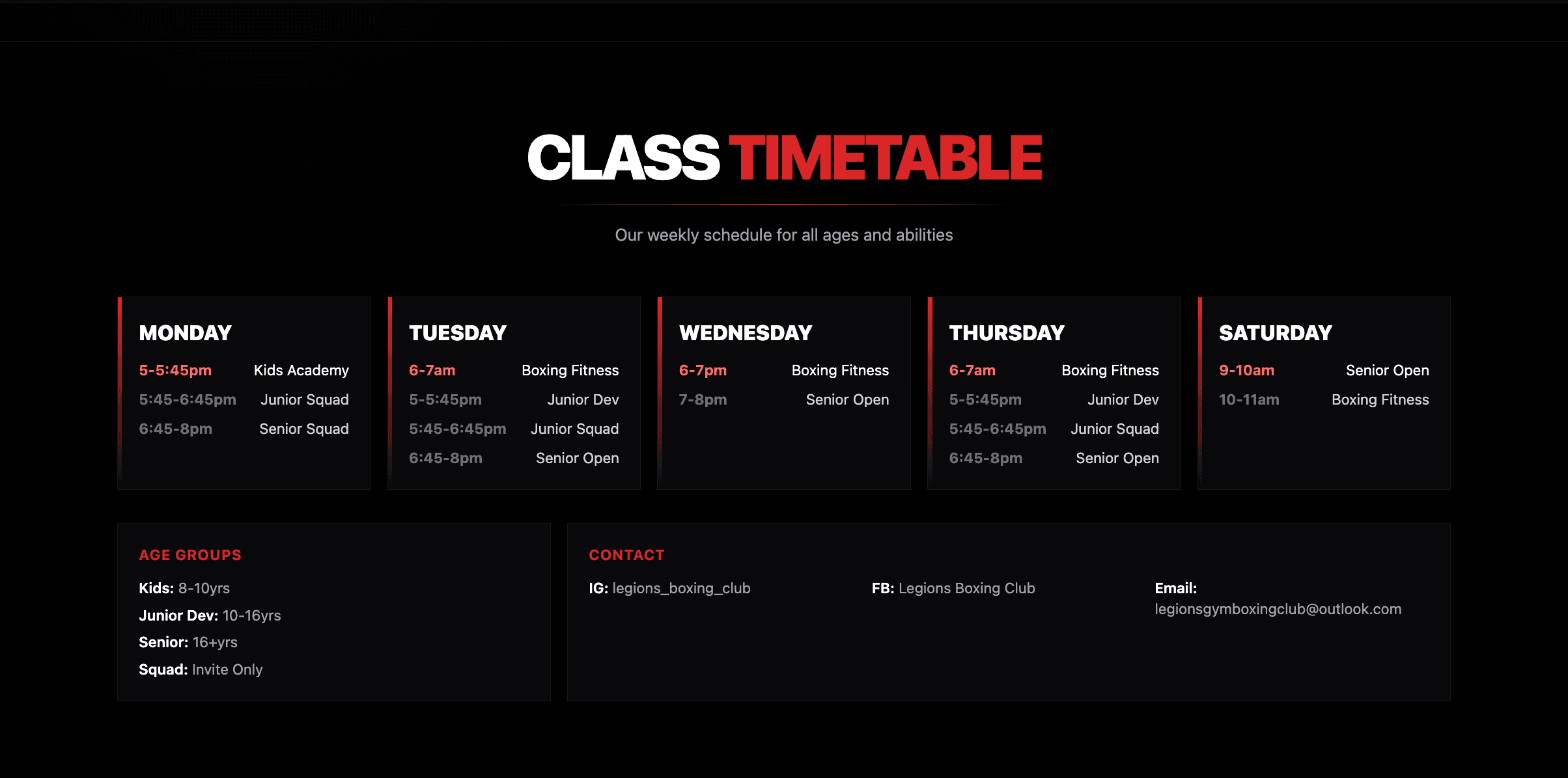 Legions Gym class timetable — weekly schedule across age groups from kids academy to senior squad