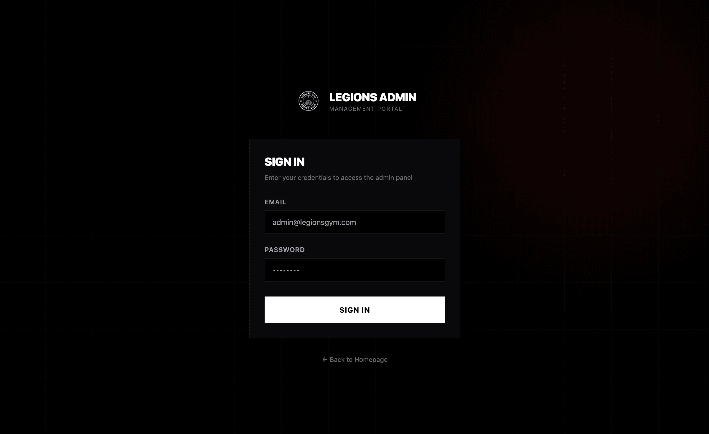 Legions Gym custom admin management portal sign-in — the club updates its own site