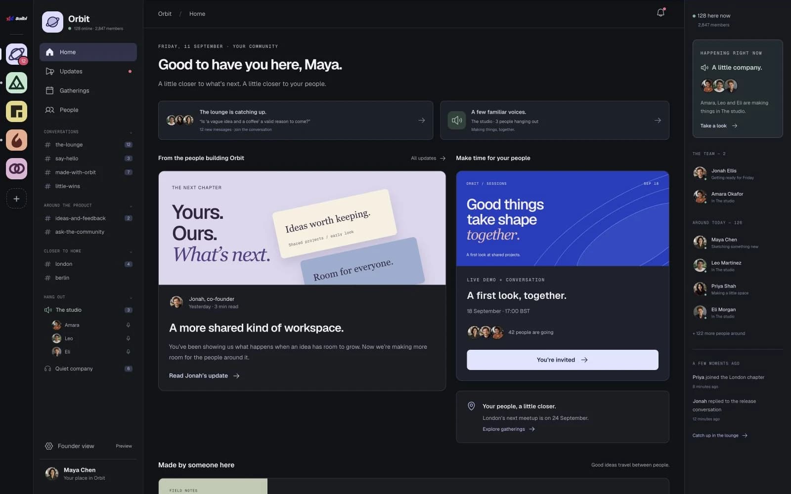 Saibi’s example Orbit community: team updates, upcoming gatherings, conversation spaces and member activity in one workspace