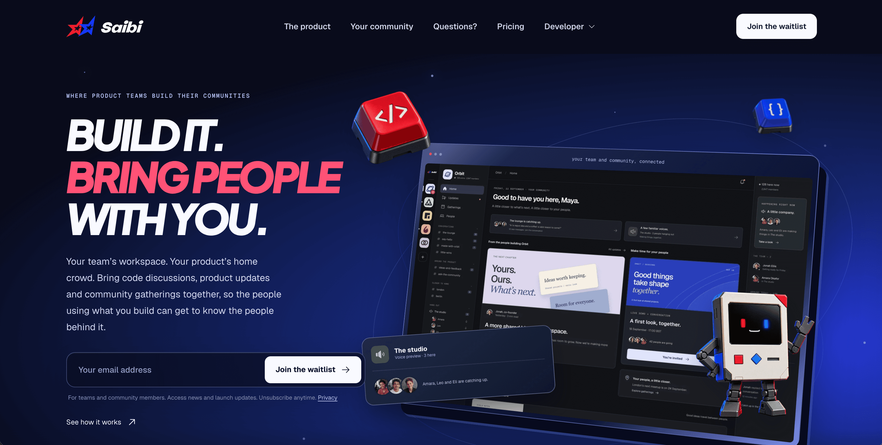 Saibi website with the Build it. Bring people with you. headline, community preview and Sib support agent