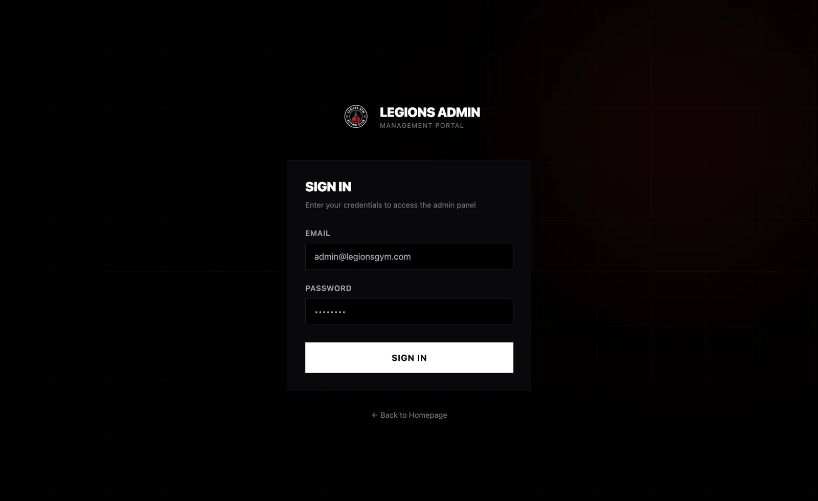 Legions Gym custom management portal sign in